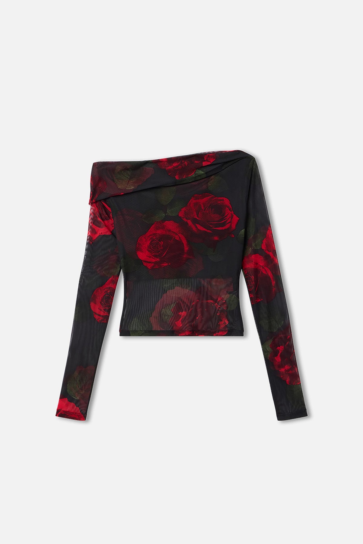 Premium MESH RUCHED ASYMMETRIC TOP MOODY RED ROSES001