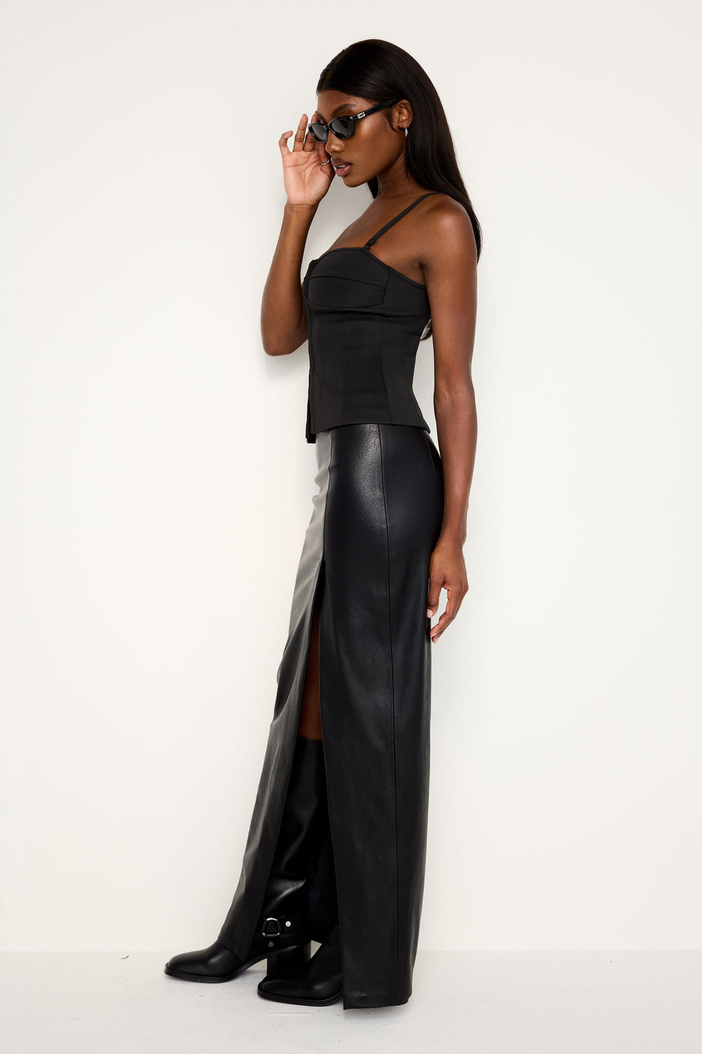 Premium FAUX LEATHER MAXI SKIRT BLACK001