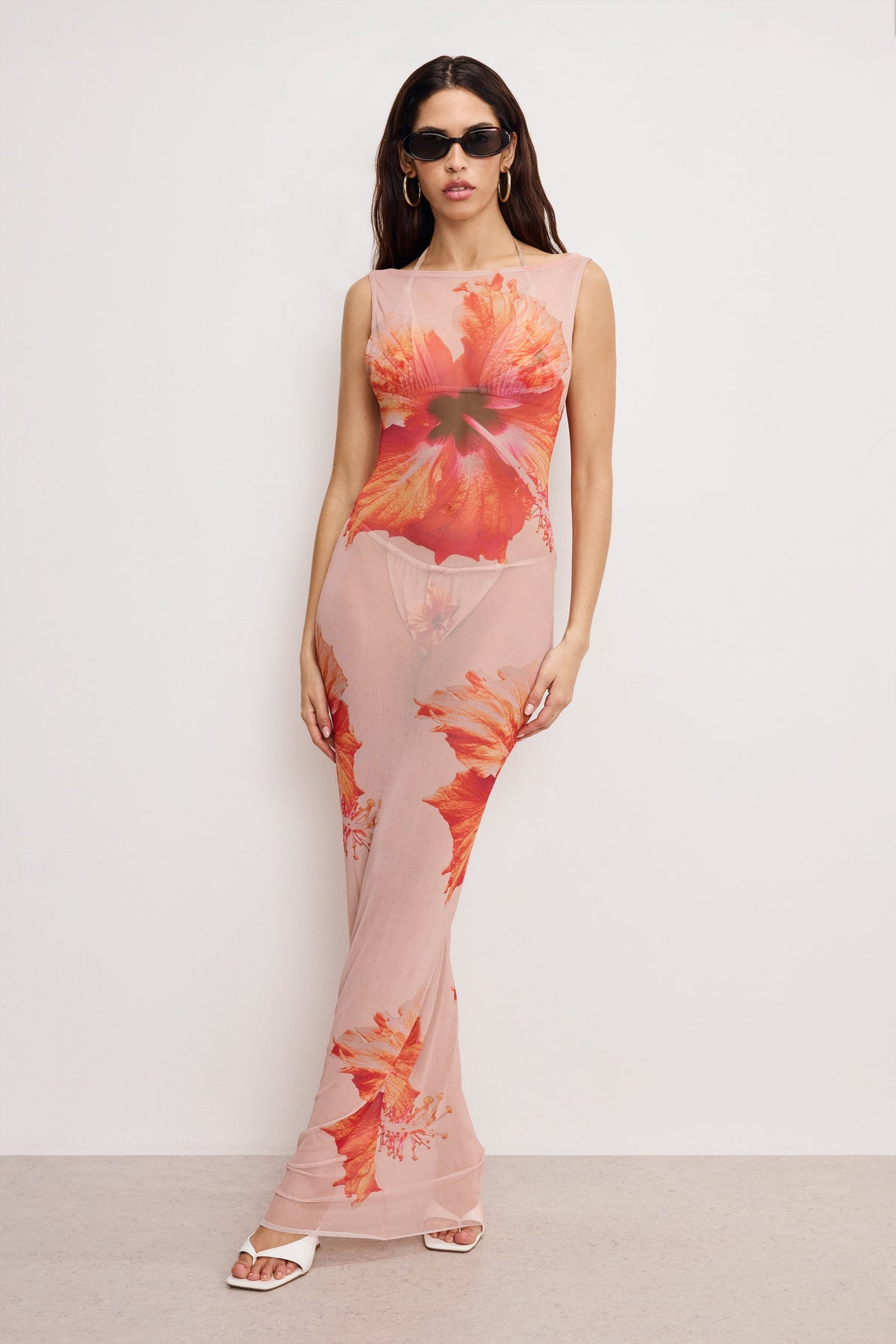 Premium GAUZE MESH MAXI DRESS MAUVE TROPICAL HIBISCUS001