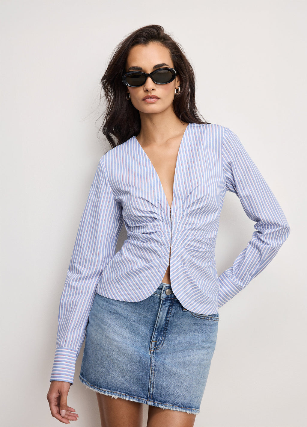 Premium POPLIN RUCHED SHIRT VACAY STRIPE001