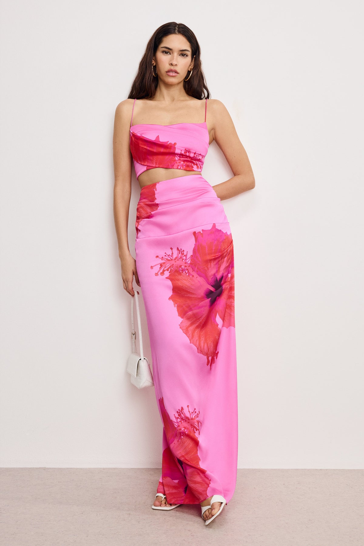 Premium SATIN MAXI SKIRT PINK HIBISCUS002