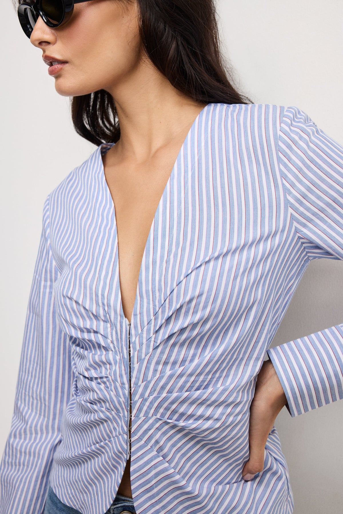 Premium POPLIN RUCHED SHIRT VACAY STRIPE001