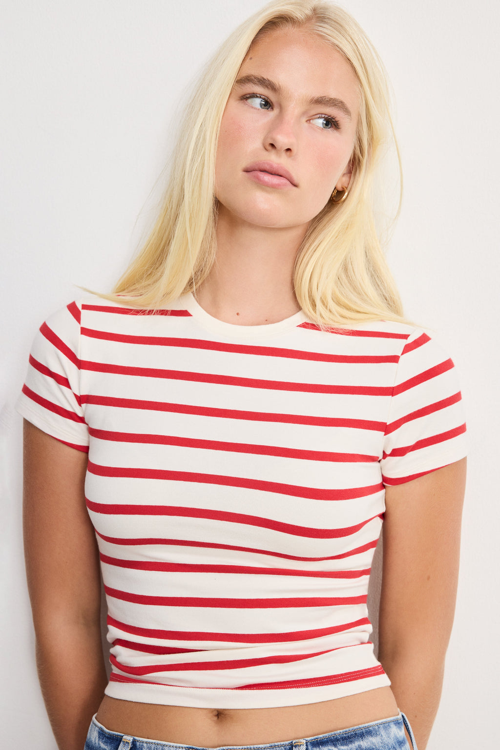 Premium SUPER STRETCH BABY TEE ECRU & CHILI WIDE STRIPE