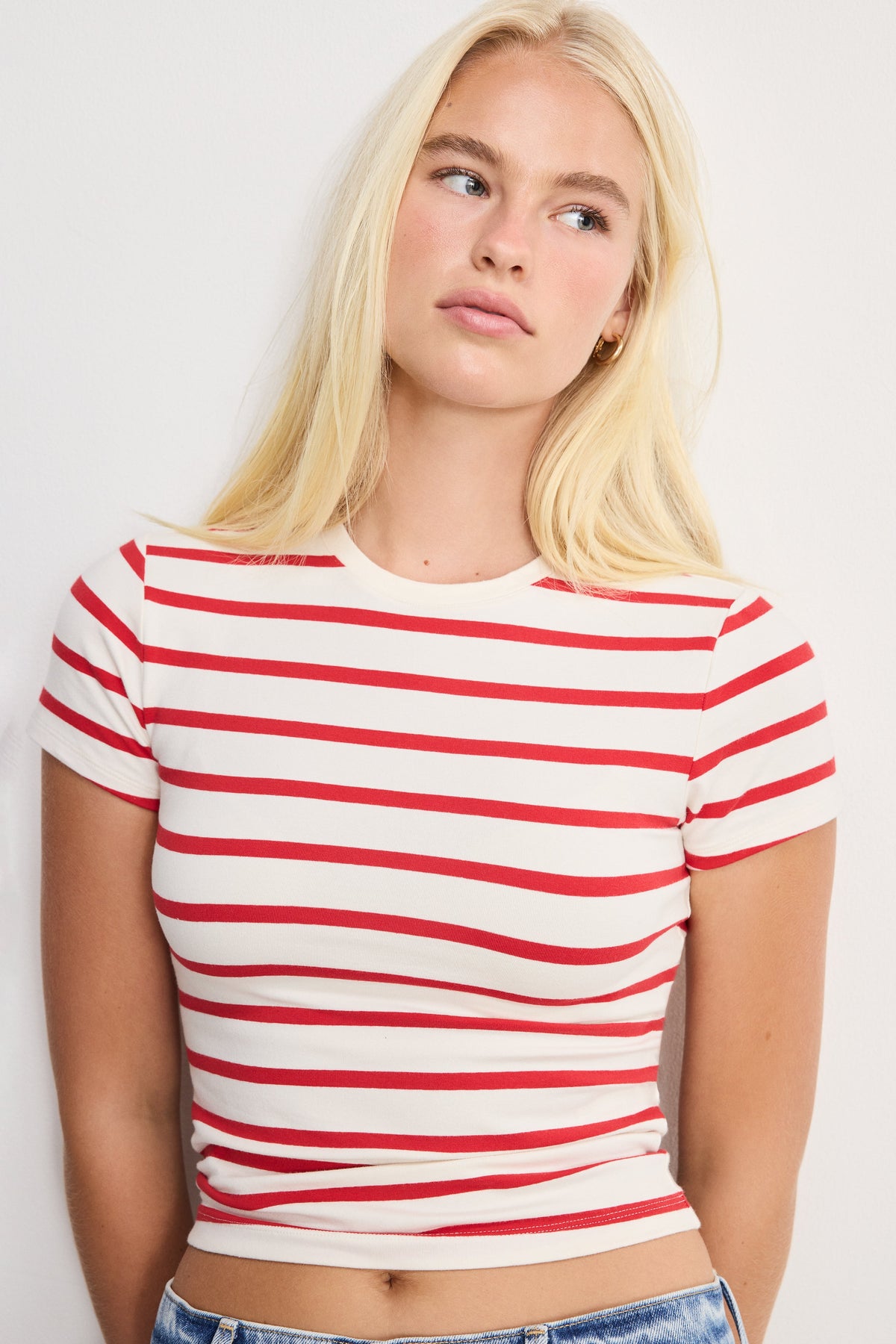 Premium SUPER STRETCH BABY TEE ECRU & CHILI WIDE STRIPE