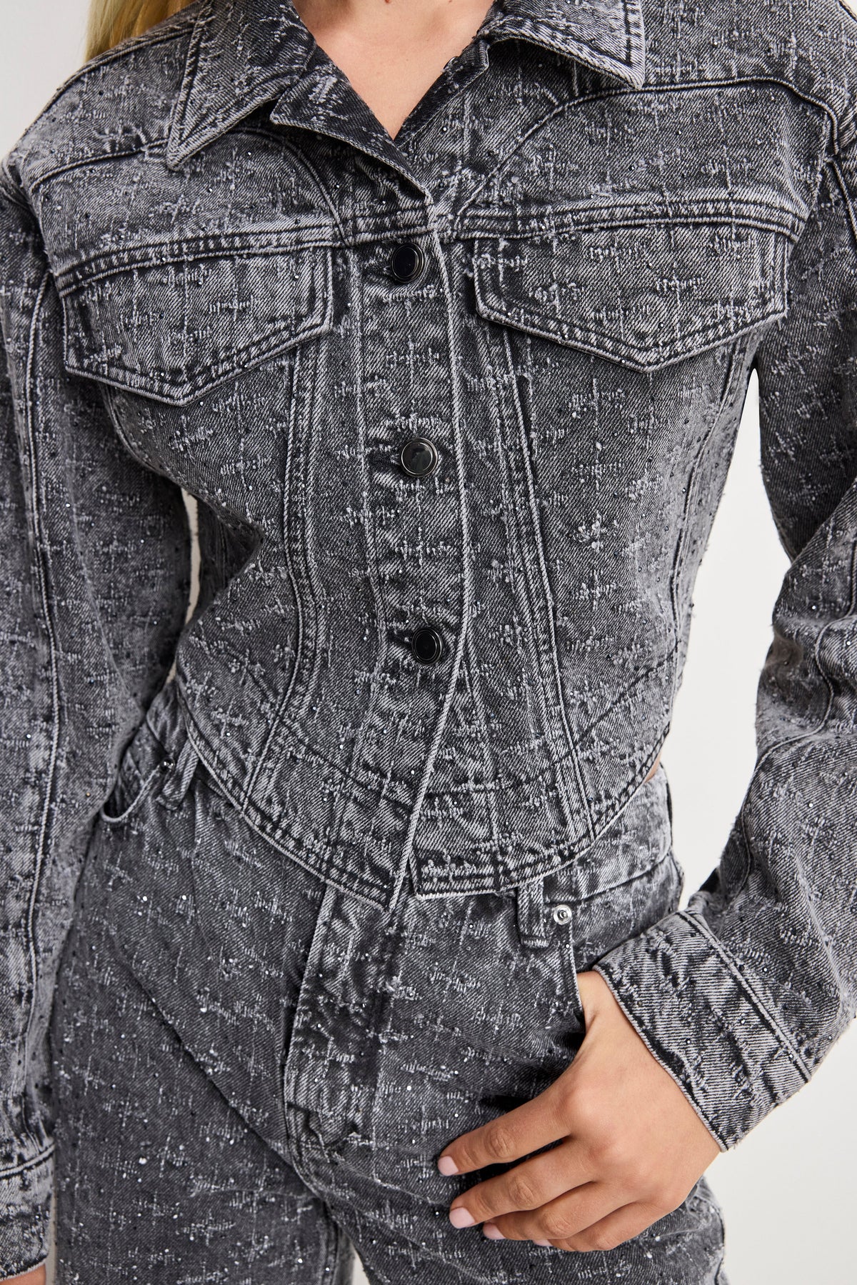 Premium DOLLY CRYSTAL DENIM JACKET BLACK415