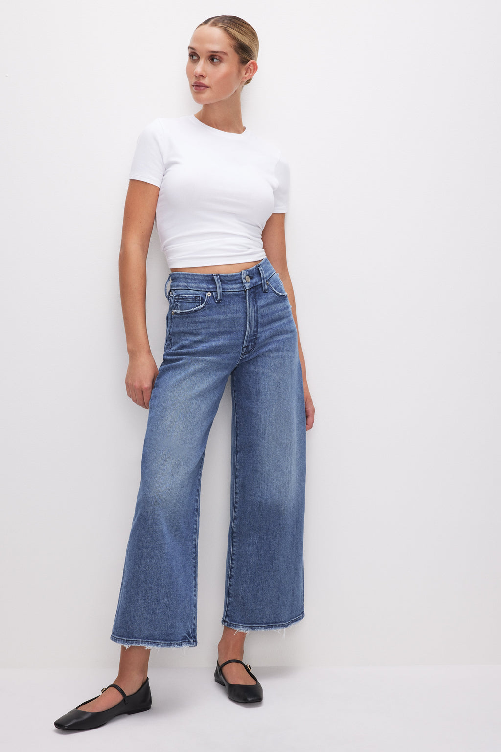 Premium GOOD WAIST CROPPED PALAZZO JEANS INDIGO338