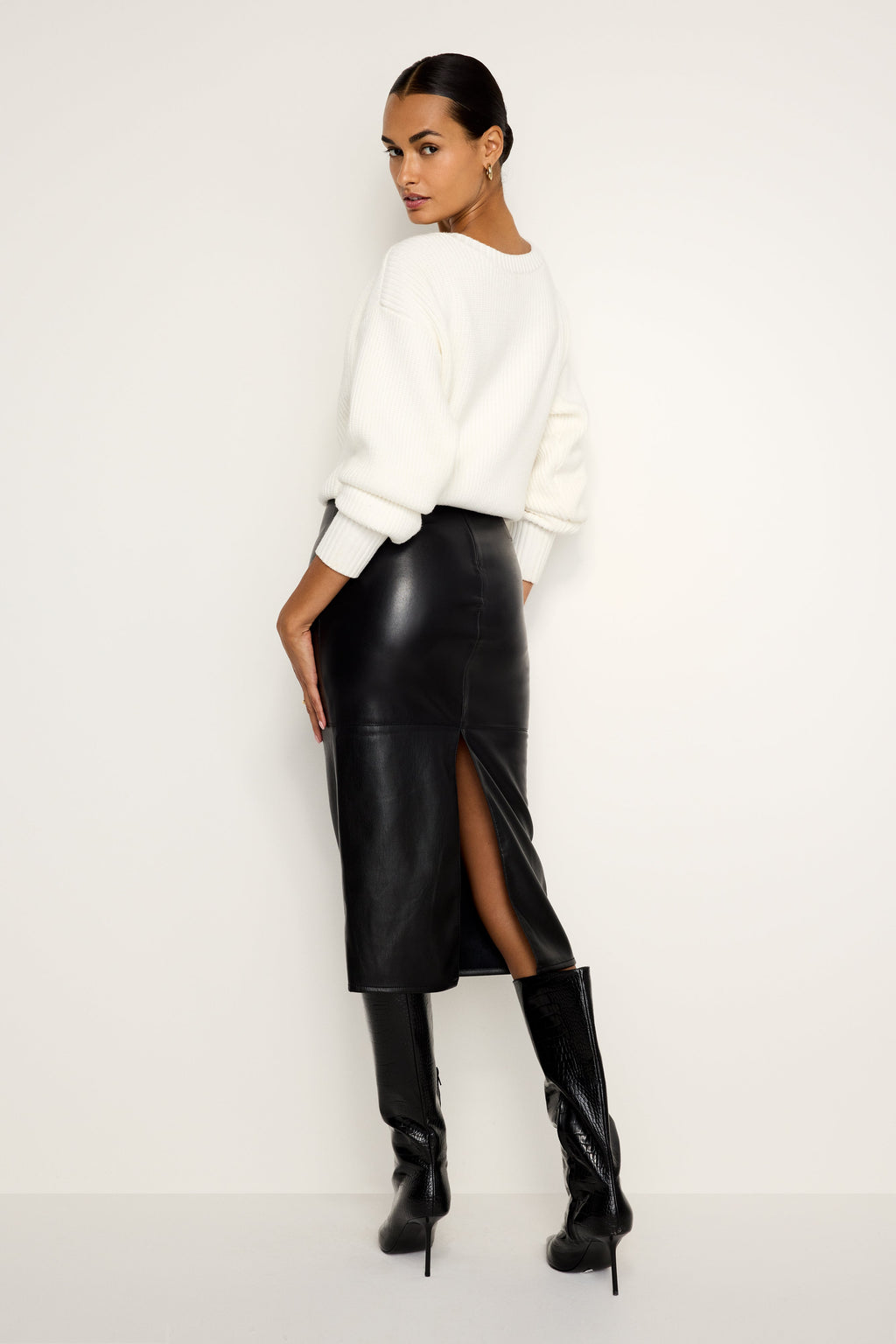Premium FAUX LEATHER MIDI SKIRT BLACK001
