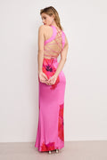 Premium SATIN LACE UP MAXI DRESS PINK HIBISCUS002