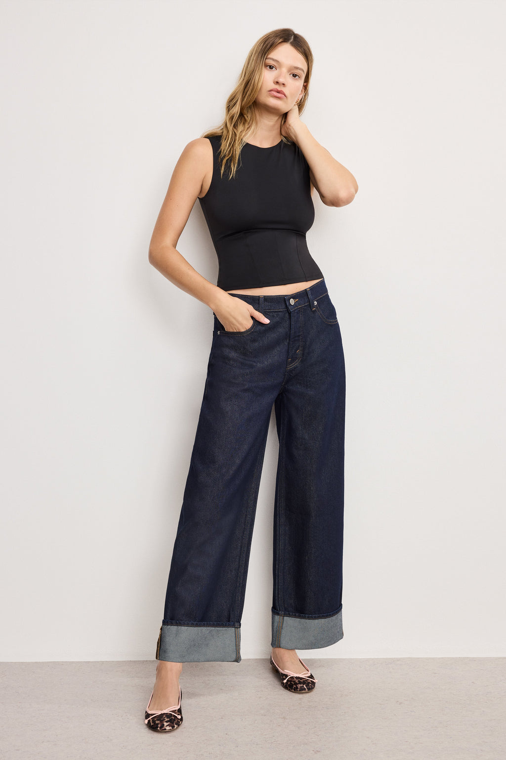Premium GOOD LOW RISE BAGGY CUFFED JEANS INDIGO1006